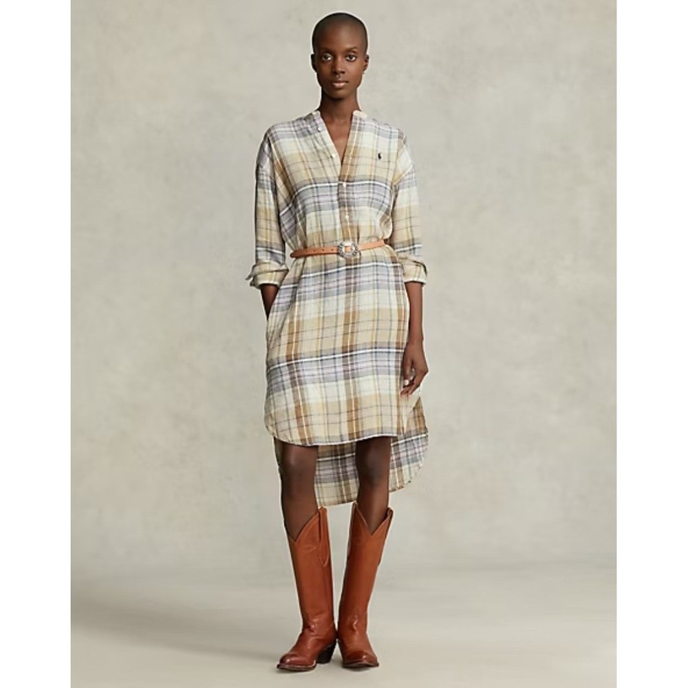 NWT Polo Ralph Lauren Plaid 100% Linen Shirt Dress w/ Pockets Relaxed Fit Size 2